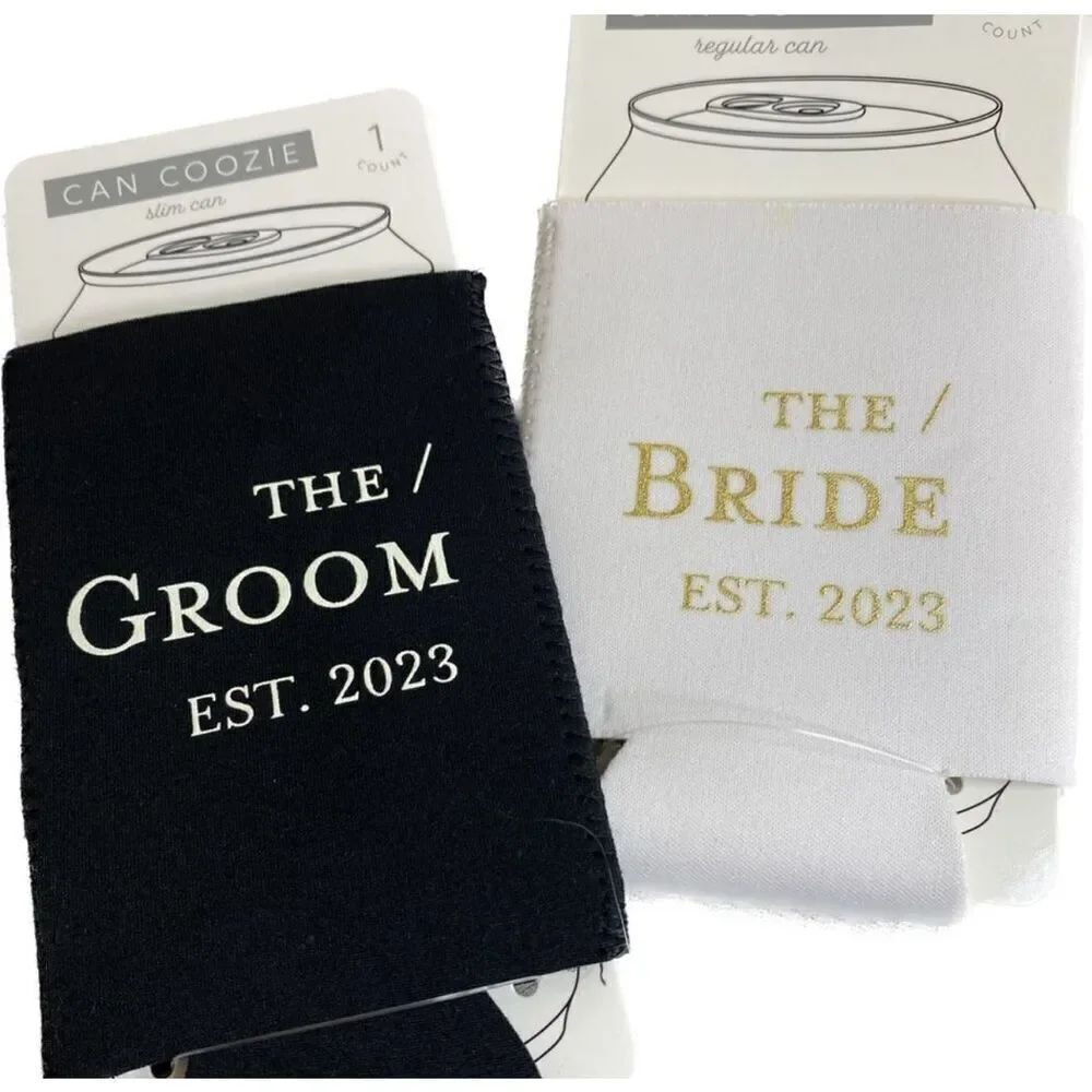 Bride and groom black-and-white can cozies 
